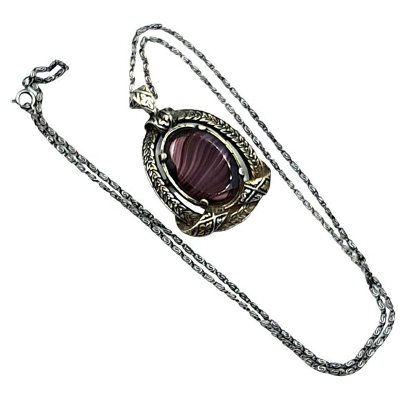 Porphryr Glass Necklace Purple Pendant Signed Miracle Celtic Vintage Costume Jew - Picture 4 of 8